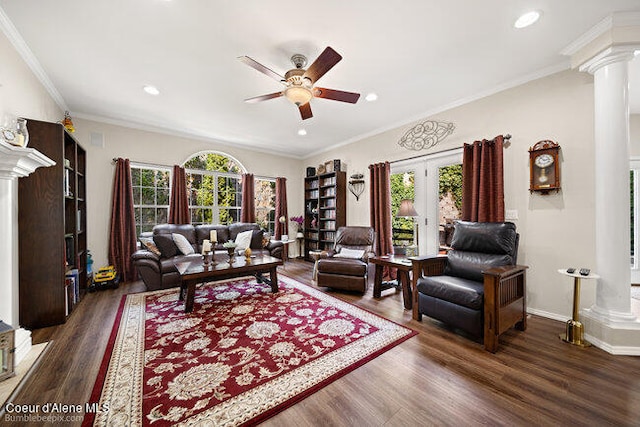 living room with french doors, ornate columns, ornamental molding, ceiling fan, and dark hardwood / wood-style floors