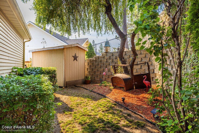 view of yard with a storage shed