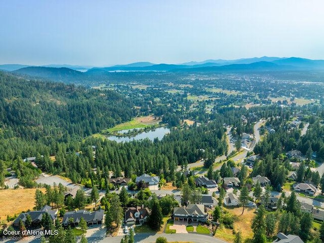 aerial view featuring a water and mountain view and a forest view