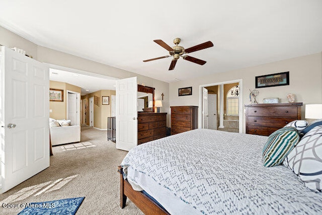 bedroom featuring ceiling fan and light colored carpet