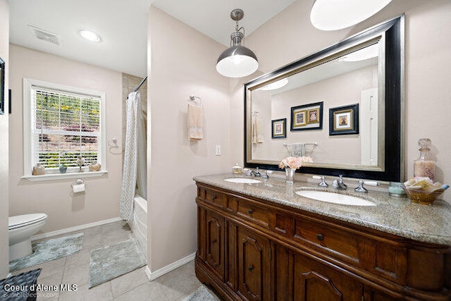 full bathroom with shower / bathtub combination with curtain, tile patterned floors, dual vanity, and toilet