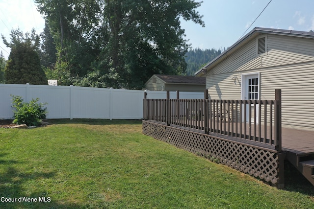 view of yard featuring a fenced backyard and a wooden deck