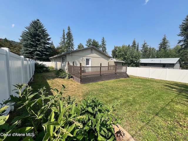 view of yard with a fenced backyard and a wooden deck