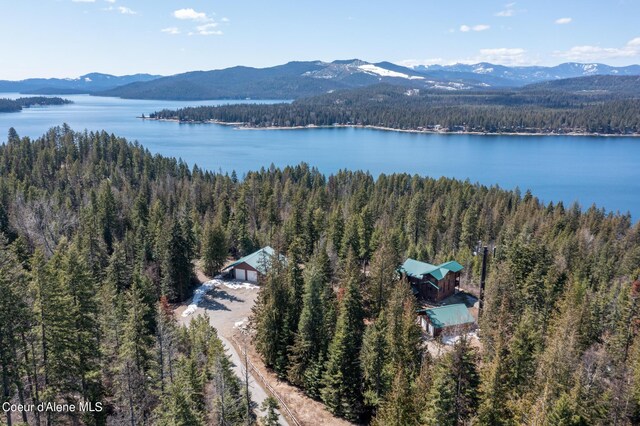 birds eye view of property with a water and mountain view