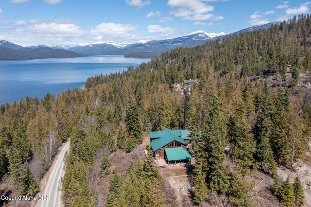 bird's eye view with a water and mountain view