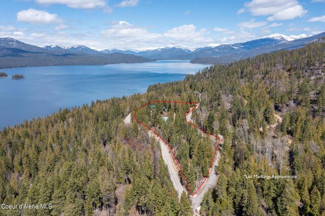 drone / aerial view with a water and mountain view