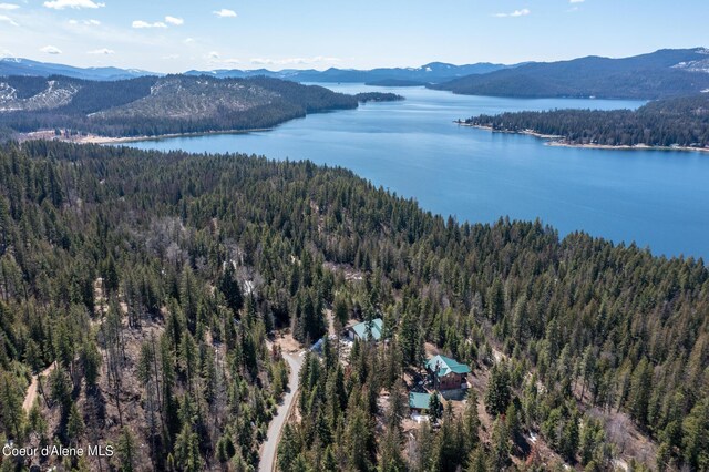 bird's eye view with a water and mountain view