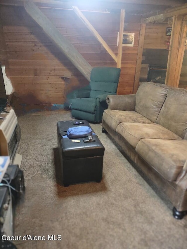 living room featuring wooden walls