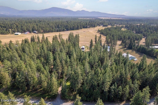 drone / aerial view with a mountain view and a forest view