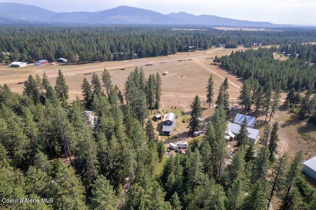 bird's eye view featuring a mountain view and a wooded view
