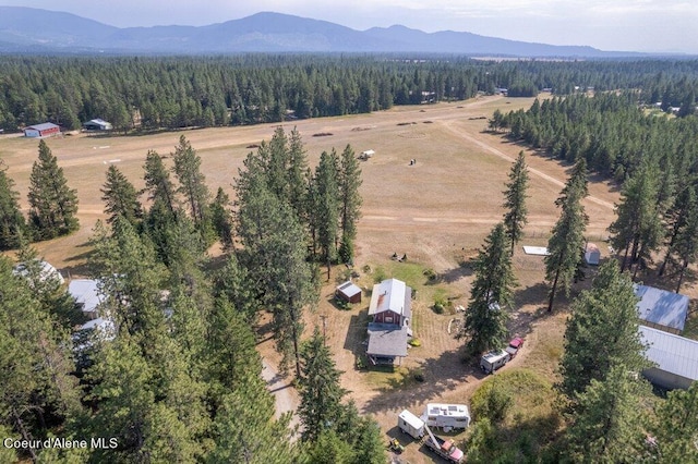 aerial view featuring a mountain view and a forest view