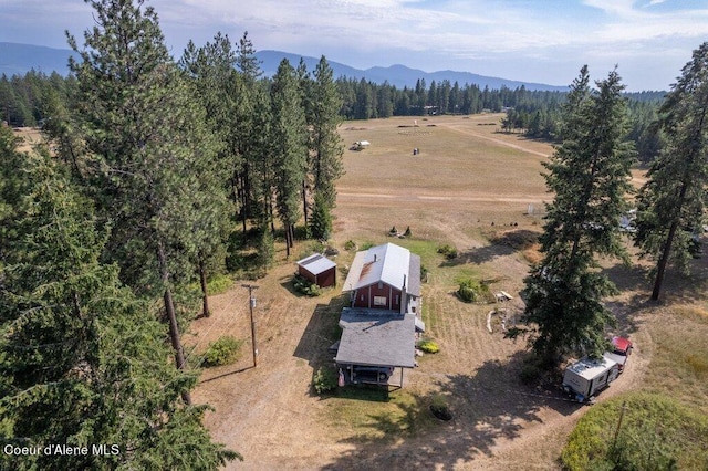 bird's eye view with a wooded view, a mountain view, and a rural view