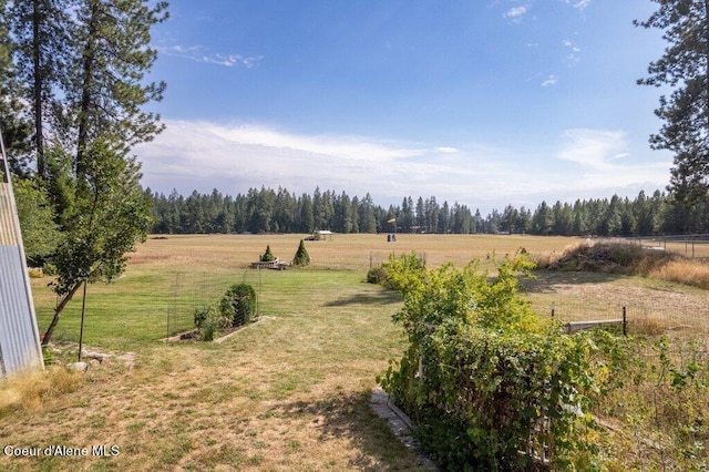 view of yard featuring a rural view and a view of trees