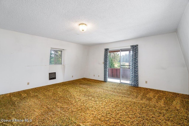 empty room with a textured ceiling, carpet, a fireplace, and plenty of natural light