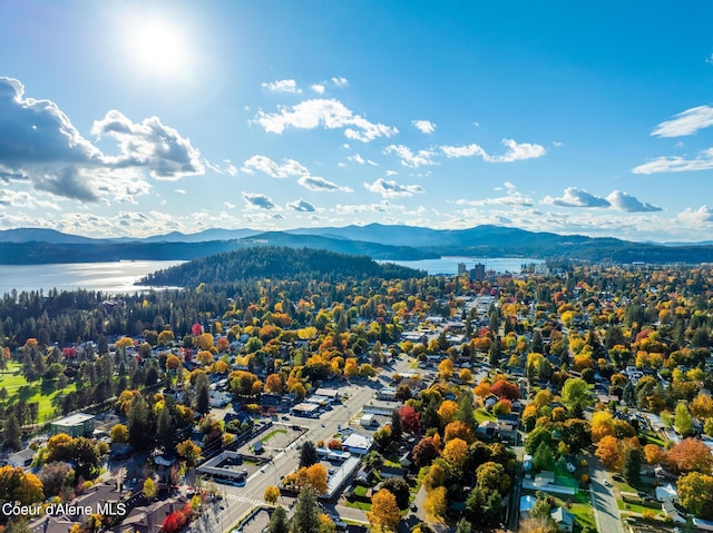 bird's eye view with a water and mountain view