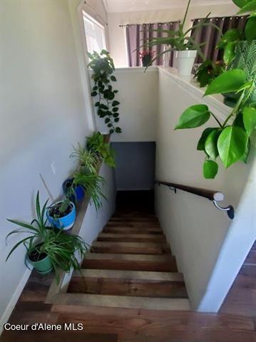 stairway with hardwood / wood-style floors