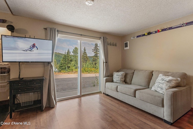 living room featuring dark hardwood / wood-style flooring and a textured ceiling