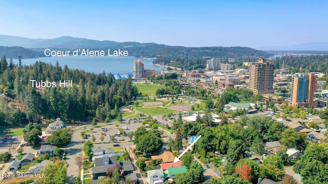 810 E Bancroft Ave, Coeur Dalene, ID 83814 - aerial view of property and surrounding area featuring a water and mountain view and a heavily wooded area