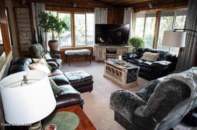 living room featuring wooden walls and light colored carpet