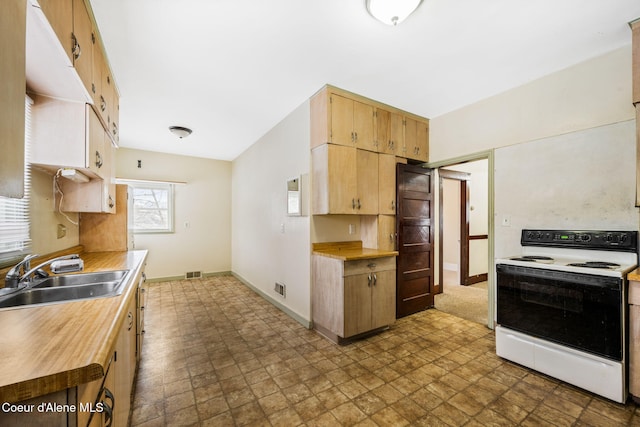 kitchen with sink, white electric range oven, and vaulted ceiling