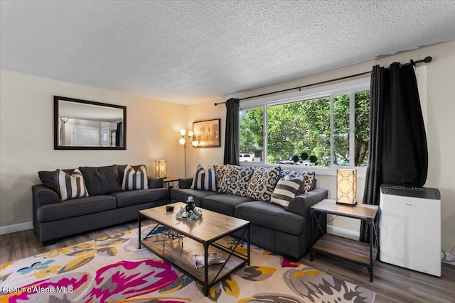 living room with hardwood / wood-style floors and a textured ceiling