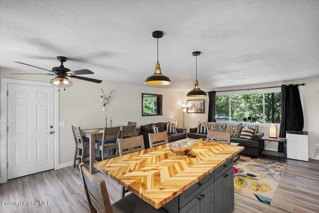 dining room with light hardwood / wood-style floors, a textured ceiling, and ceiling fan