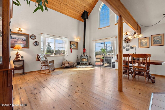 dining room with high vaulted ceiling, wood ceiling, a wood stove, and hardwood / wood-style flooring