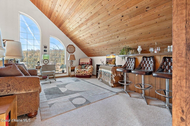 interior space with light carpet, high vaulted ceiling, and wood ceiling