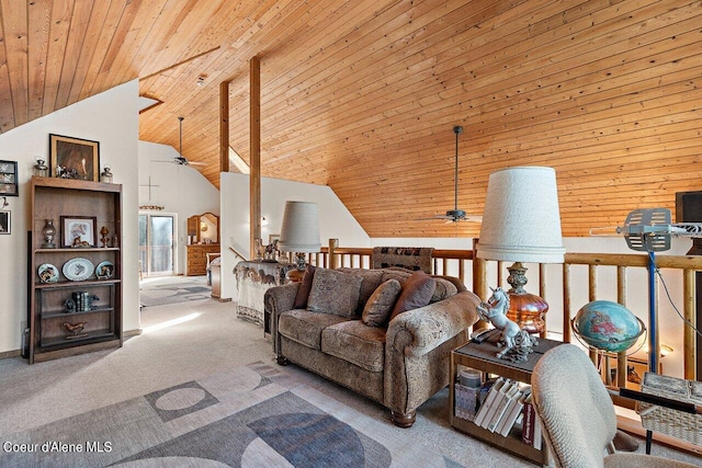 carpeted living room with ceiling fan, high vaulted ceiling, and wooden ceiling