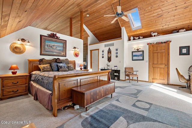 bedroom featuring ceiling fan, wood ceiling, high vaulted ceiling, a skylight, and carpet flooring