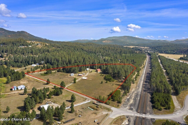 drone / aerial view featuring a forest view, a mountain view, and a rural view