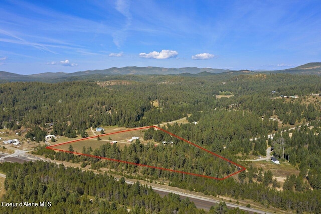 aerial view featuring a mountain view and a wooded view
