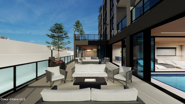 view of patio / terrace featuring visible vents, an outdoor hangout area, and a balcony