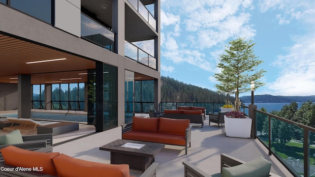 view of patio featuring an outdoor hangout area, a view of trees, and a water and mountain view