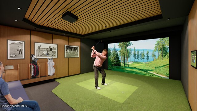 recreation room with a raised ceiling, golf simulator, wooden ceiling, and carpet flooring