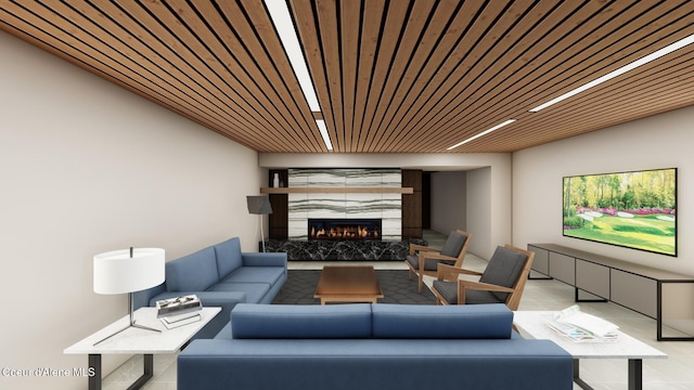 living area with a fireplace and wooden ceiling