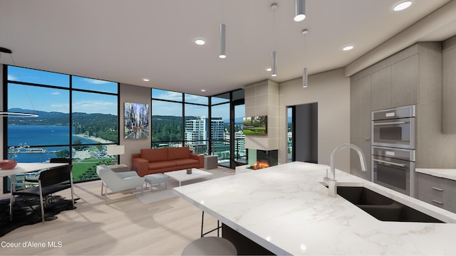 kitchen with a sink, modern cabinets, a wall of windows, and a fireplace