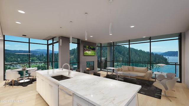 kitchen featuring light stone counters, light wood finished floors, a sink, white cabinets, and expansive windows