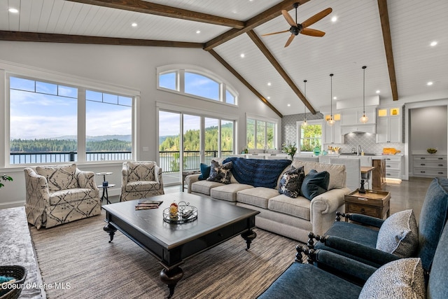 8491 N Mckinley Ln, Hayden, ID 83835 - living room with a water view, high vaulted ceiling, beam ceiling, ceiling fan, and wood finished floors