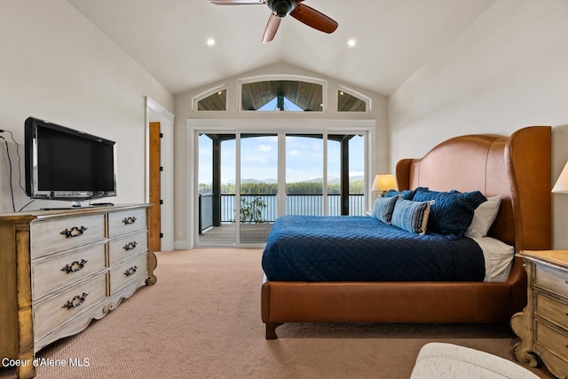 8491 N Mckinley Ln, Hayden, ID 83835 - bedroom featuring high vaulted ceiling, a ceiling fan, light carpet, access to outside, and a water view
