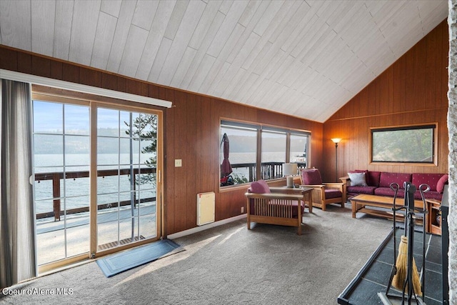 carpeted living area with vaulted ceiling, wood walls, and a wealth of natural light