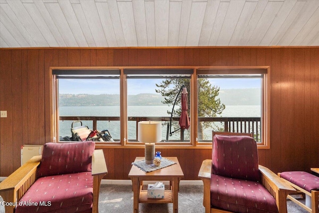 sitting room featuring wooden walls, carpet floors, a water view, and a healthy amount of sunlight