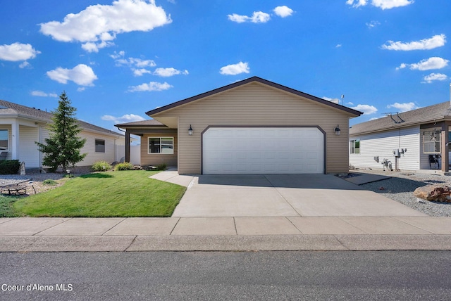 ranch-style home featuring a garage and a front yard