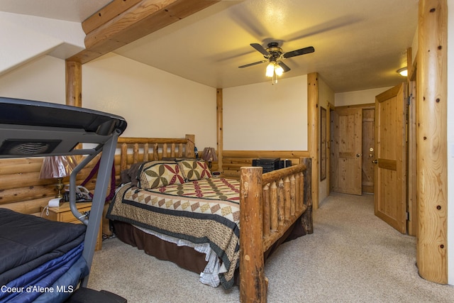 bedroom featuring light carpet and ceiling fan