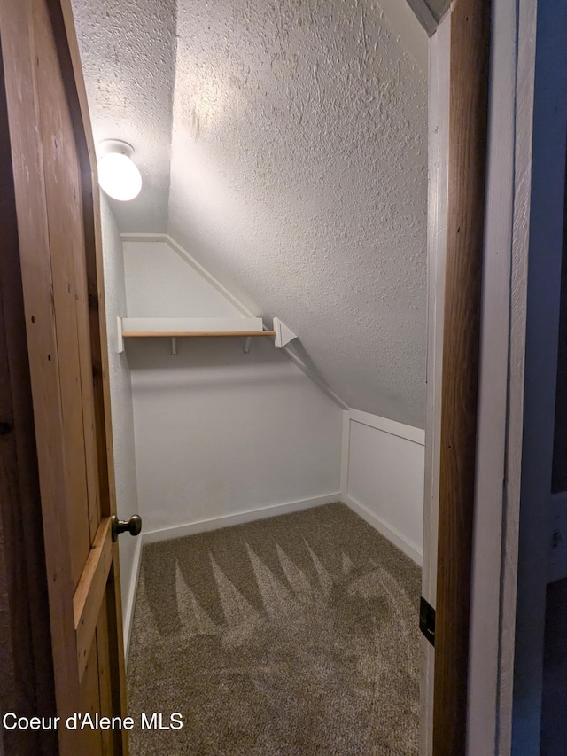 walk in closet featuring carpet and lofted ceiling