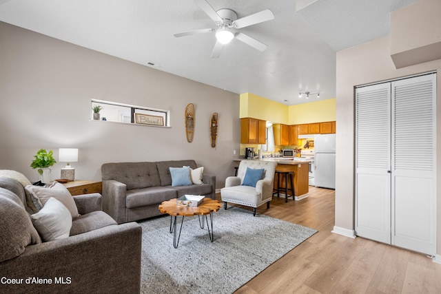 living room featuring ceiling fan and light wood-type flooring