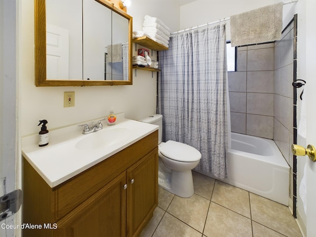 full bathroom with toilet, vanity, tile patterned floors, and shower / bathtub combination with curtain