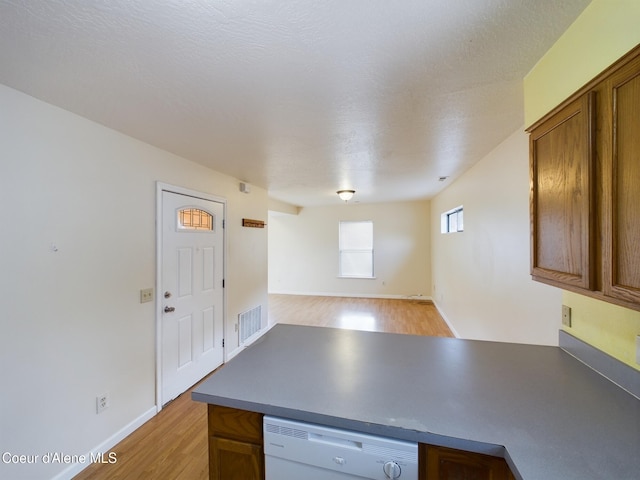 kitchen with dishwasher, light hardwood / wood-style floors, and a textured ceiling