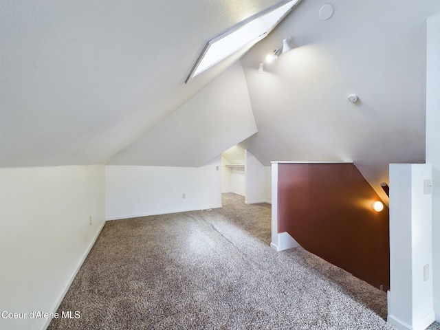 additional living space featuring carpet and lofted ceiling with skylight