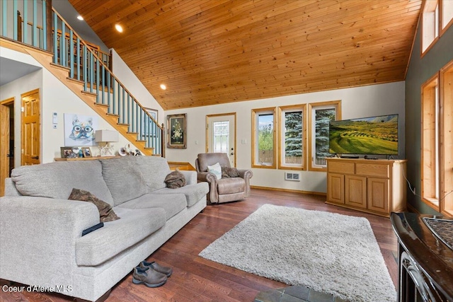 living room featuring wood ceiling, high vaulted ceiling, and hardwood / wood-style floors